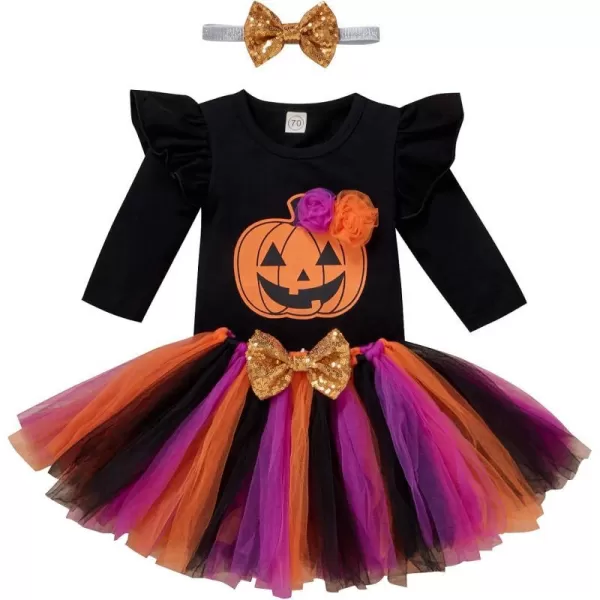 Baby Girls First Halloween Pumpkin Ghost Dress up Costume Long Sleeve Romper Tutu Skrit Sequin Headband Outift Clothes SetBlack Pumpkin