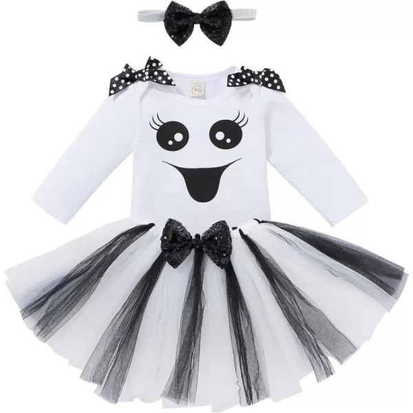 Baby Girls First Halloween Pumpkin Ghost Dress up Costume Long Sleeve Romper Tutu Skrit Sequin Headband Outift Clothes SetWhite Ghost