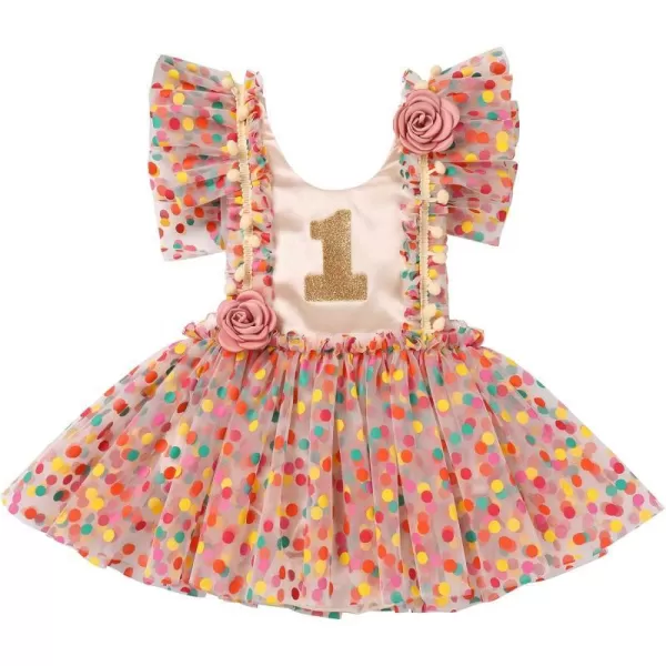 Baby Girls Sequins Romper Tutu Dress Flower Bowknot Dots Print Summer Flutter Sleeves Princess Birthday Party DressesApricot  Polka Dot