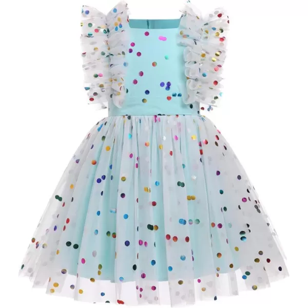 Baby Girls Sequins Romper Tutu Dress Flower Bowknot Dots Print Summer Flutter Sleeves Princess Birthday Party DressesBlue Dots  Kids Dress