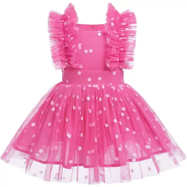 Baby Girls Sequins Romper Tutu Dress Flower Bowknot Dots Print Summer Flutter Sleeves Princess Birthday Party DressesHot Pink