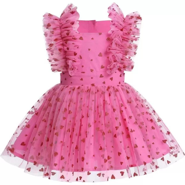 Baby Girls Sequins Romper Tutu Dress Flower Bowknot Dots Print Summer Flutter Sleeves Princess Birthday Party DressesHot Pink Heart