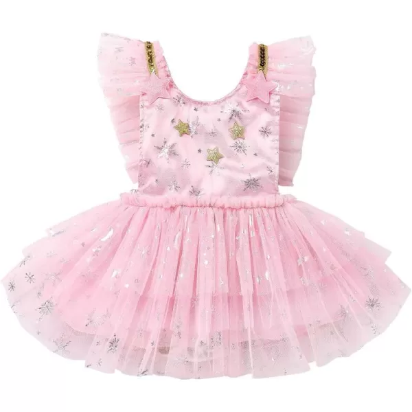 Baby Girls Sequins Romper Tutu Dress Flower Bowknot Dots Print Summer Flutter Sleeves Princess Birthday Party DressesPink  Snowflake