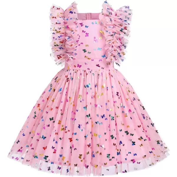 Baby Girls Sequins Romper Tutu Dress Flower Bowknot Dots Print Summer Flutter Sleeves Princess Birthday Party DressesPink Butterfly  Kids Dress