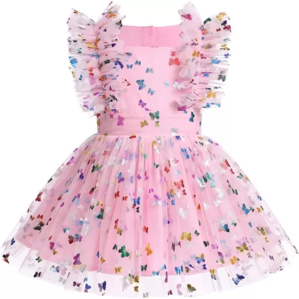 Baby Girls Sequins Romper Tutu Dress Flower Bowknot Dots Print Summer Flutter Sleeves Princess Birthday Party DressesPink Butterfly