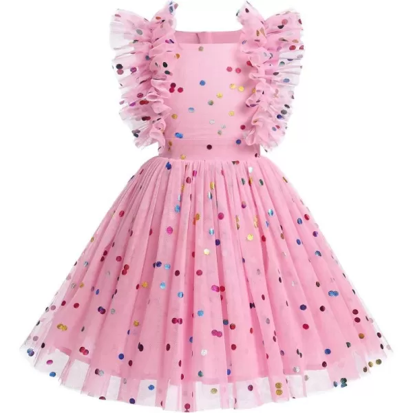 Baby Girls Sequins Romper Tutu Dress Flower Bowknot Dots Print Summer Flutter Sleeves Princess Birthday Party DressesPink Dots  Kids Dress