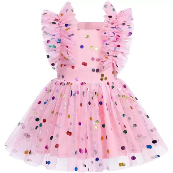 Baby Girls Sequins Romper Tutu Dress Flower Bowknot Dots Print Summer Flutter Sleeves Princess Birthday Party DressesPink Dots