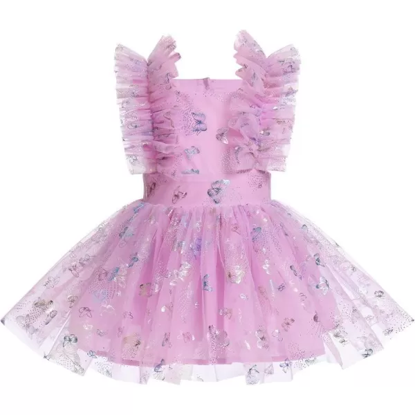 Baby Girls Sequins Romper Tutu Dress Flower Bowknot Dots Print Summer Flutter Sleeves Princess Birthday Party DressesPurple Butterfly