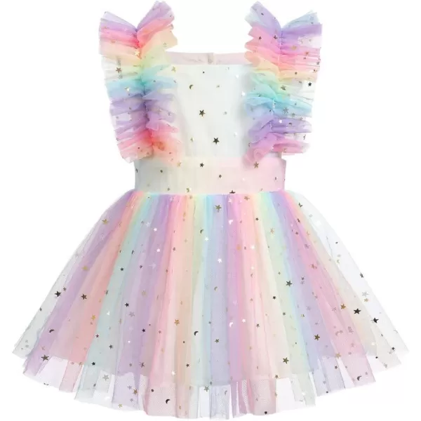 Baby Girls Sequins Romper Tutu Dress Flower Bowknot Dots Print Summer Flutter Sleeves Princess Birthday Party DressesRainbow Star