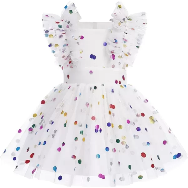 Baby Girls Sequins Romper Tutu Dress Flower Bowknot Dots Print Summer Flutter Sleeves Princess Birthday Party DressesWhite  Rainbow Dots