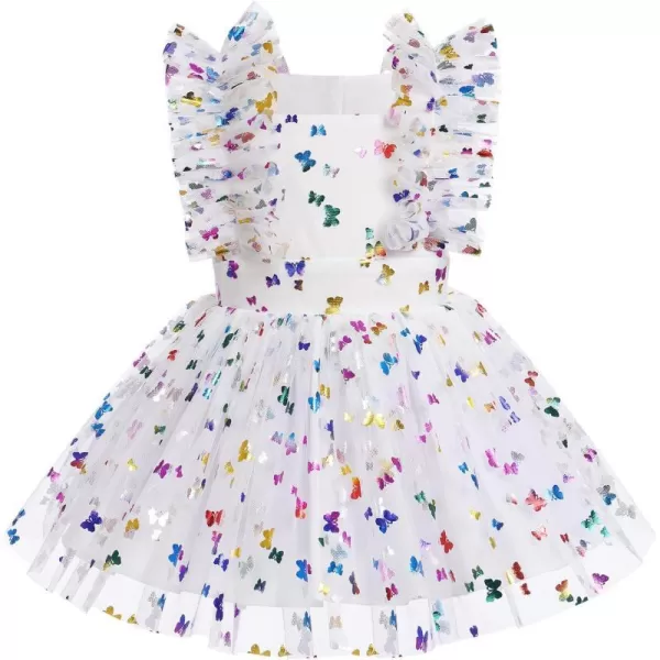 Baby Girls Sequins Romper Tutu Dress Flower Bowknot Dots Print Summer Flutter Sleeves Princess Birthday Party DressesWhite Butterfly