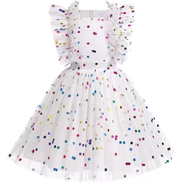 Baby Girls Sequins Romper Tutu Dress Flower Bowknot Dots Print Summer Flutter Sleeves Princess Birthday Party DressesWhite Rainbow Dots  Kids Dress