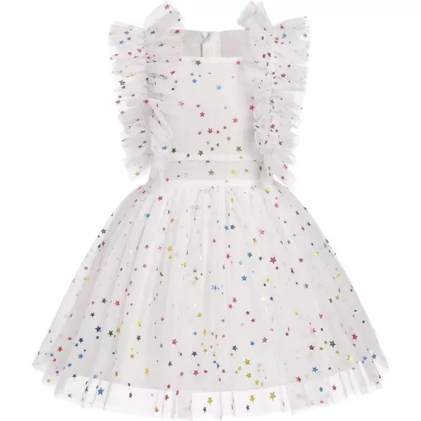 Baby Girls Sequins Romper Tutu Dress Flower Bowknot Dots Print Summer Flutter Sleeves Princess Birthday Party DressesWhite Star  Kids Dress