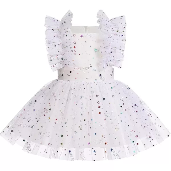 Baby Girls Sequins Romper Tutu Dress Flower Bowknot Dots Print Summer Flutter Sleeves Princess Birthday Party DressesWhite Star