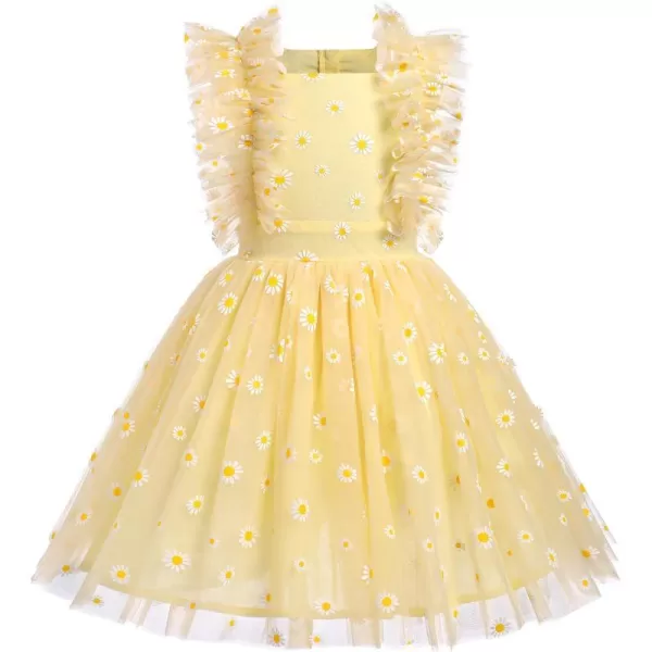 Baby Girls Sequins Romper Tutu Dress Flower Bowknot Dots Print Summer Flutter Sleeves Princess Birthday Party DressesYellow Daisy  Kids Dress