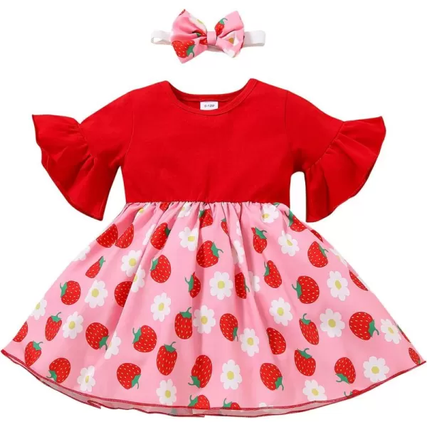 Baby Girls Strawberry Dress Summer Ruffle Sleeves Princess Birthday Party Dresses Suspenders Sundress with Headband Set