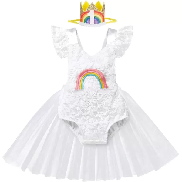 Baby Girls Strawberry Romper Ruffle Bodysuit Summer Sleeveless Backless Sunsuit Dress with Sun Hat Birthday Outfit SetRainbow White  Headband