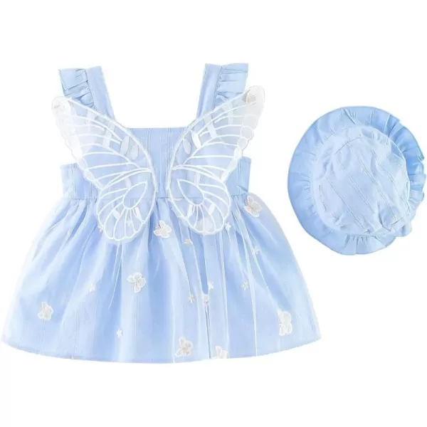 Baby Girls Tutu Dress Summer Sleeveless Backless Princess Birthday Party Dresses Floral Bow Sundress with Straw Hat SetBlue Butterfly