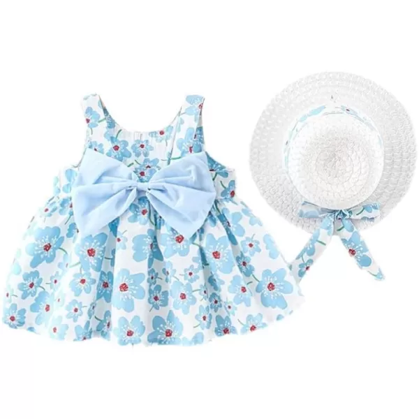 Baby Girls Tutu Dress Summer Sleeveless Backless Princess Birthday Party Dresses Floral Bow Sundress with Straw Hat SetBlue Floral  Bow