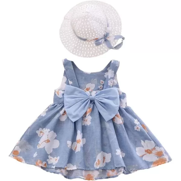 Baby Girls Tutu Dress Summer Sleeveless Backless Princess Birthday Party Dresses Floral Bow Sundress with Straw Hat SetDark Blue Floral  Bow