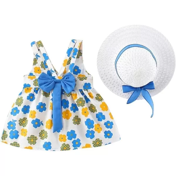 Baby Girls Tutu Dress Summer Sleeveless Backless Princess Birthday Party Dresses Floral Bow Sundress with Straw Hat SetLight Blue Floral  Vneck