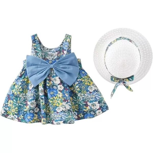 Baby Girls Tutu Dress Summer Sleeveless Backless Princess Birthday Party Dresses Floral Bow Sundress with Straw Hat SetLight Blue Floral