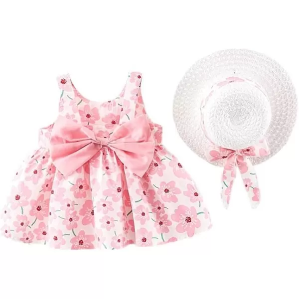 Baby Girls Tutu Dress Summer Sleeveless Backless Princess Birthday Party Dresses Floral Bow Sundress with Straw Hat SetPink Floral  Bow