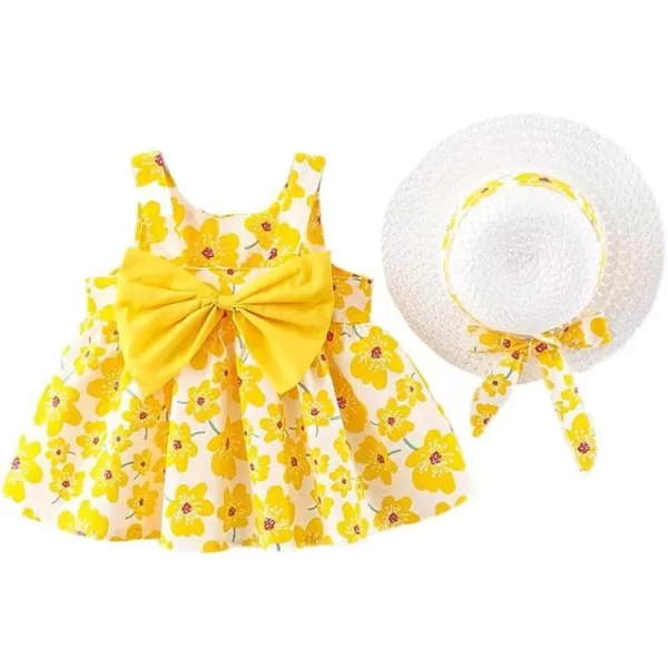 Baby Girls Tutu Dress Summer Sleeveless Backless Princess Birthday Party Dresses Floral Bow Sundress with Straw Hat SetYellow Floral  Bow