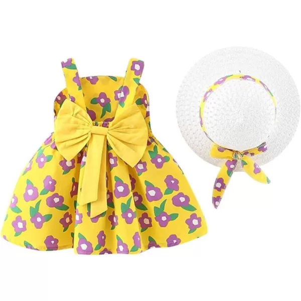 Baby Girls Tutu Dress Summer Sleeveless Backless Princess Birthday Party Dresses Floral Bow Sundress with Straw Hat SetYellow Floral