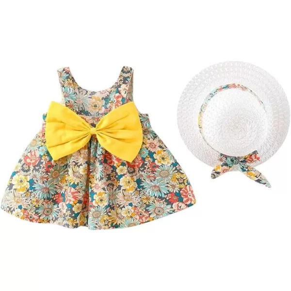 Baby Girls Tutu Dress Summer Sleeveless Backless Princess Birthday Party Dresses Floral Bow Sundress with Straw Hat SetYellow Flower