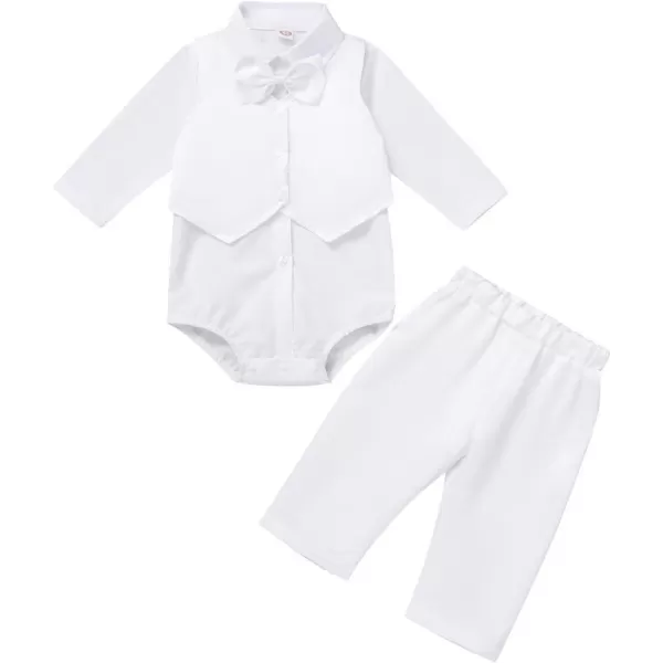 Baptism Christening Outfits for Boys Baby Formal Suit Gentleman Bowtie Romper Vest Shorts White Wedding Tuxedo OutfitWhite Long Sleeve