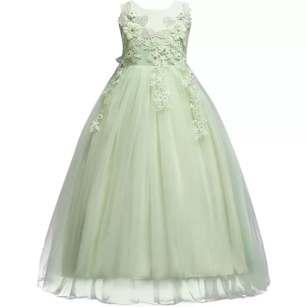 Big Girls Lace Flower Wedding Bridesmaid Formal Party Tulle Dresses Long Pageant Communion Prom Floor Length Ball GownLight Green