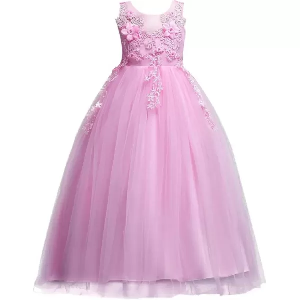 Big Girls Lace Flower Wedding Bridesmaid Formal Party Tulle Dresses Long Pageant Communion Prom Floor Length Ball GownPink