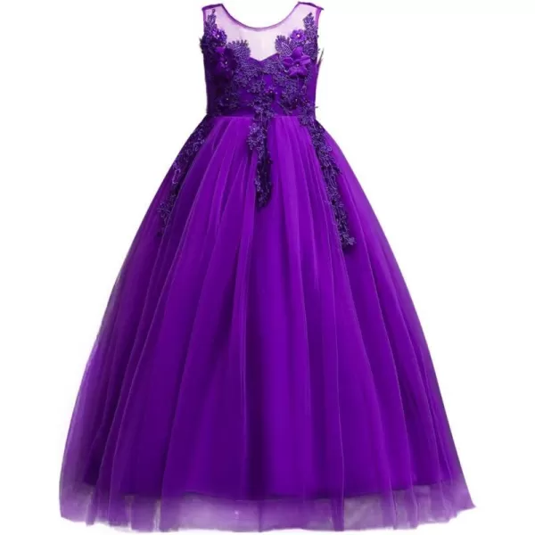 Big Girls Lace Flower Wedding Bridesmaid Formal Party Tulle Dresses Long Pageant Communion Prom Floor Length Ball GownPurple