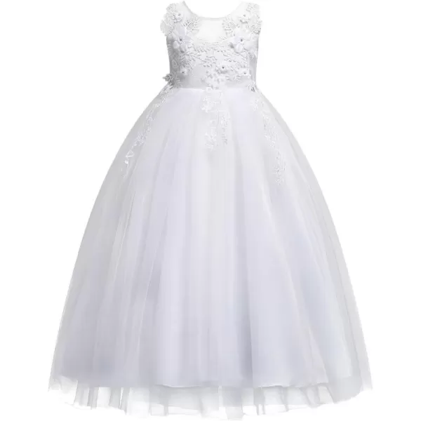 Big Girls Lace Flower Wedding Bridesmaid Formal Party Tulle Dresses Long Pageant Communion Prom Floor Length Ball GownWhite