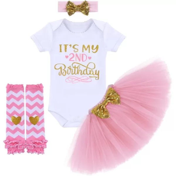 Birthday Outfit Baby Girls RomperRuffle Tulle SkirtSequins Bow HeadbandLeg Warmers Cake Smash Dress Clothes 4Pcs SetPink 2nd Birthday