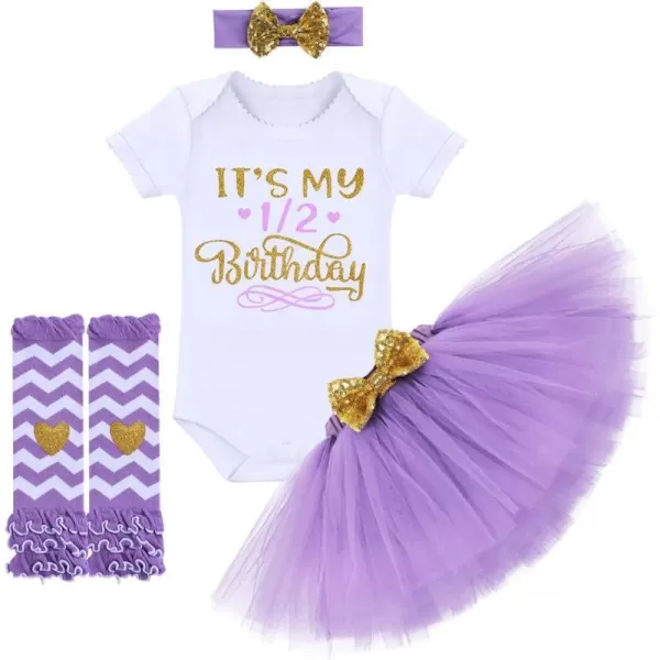 Birthday Outfit Baby Girls RomperRuffle Tulle SkirtSequins Bow HeadbandLeg Warmers Cake Smash Dress Clothes 4Pcs SetPurple 12 Birthday