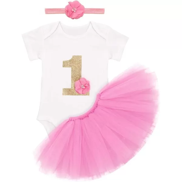 Birthday Outfit Girls Baby Strawberry Heart One Romper  Ruffle Tulle Skirt  Sequins Crown Headband 3PCS Clothes SetDark Pink 1st