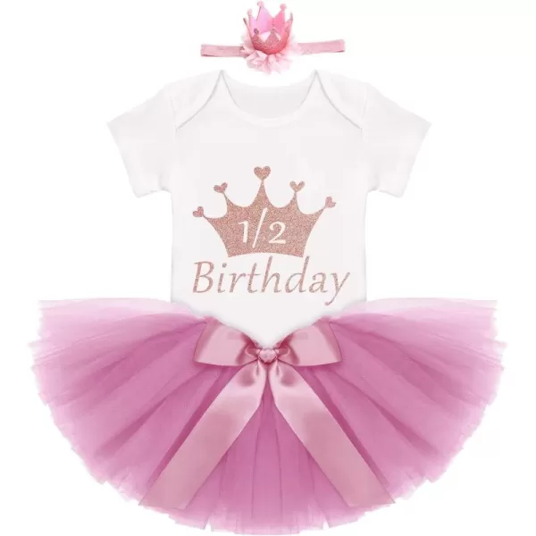 Birthday Outfit Girls Baby Strawberry Heart One Romper  Ruffle Tulle Skirt  Sequins Crown Headband 3PCS Clothes SetDusty Pink 12 Birthday