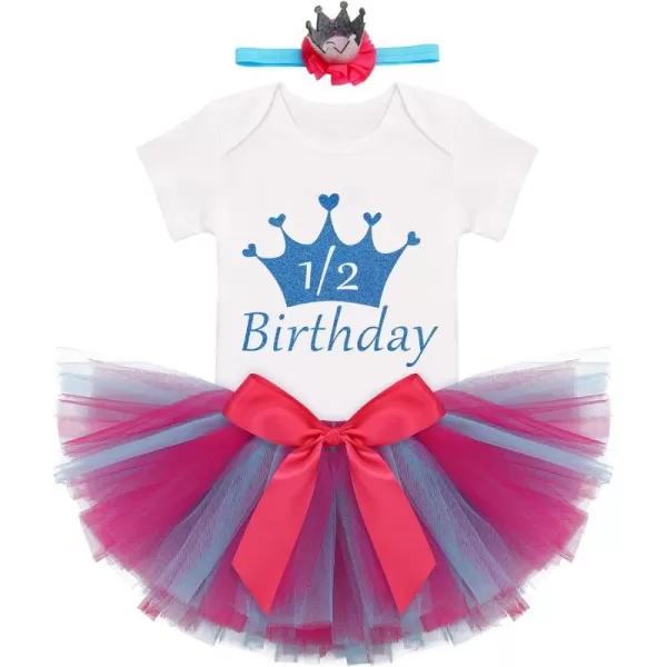 Birthday Outfit Girls Baby Strawberry Heart One Romper  Ruffle Tulle Skirt  Sequins Crown Headband 3PCS Clothes SetLake Blue 12 Birthday