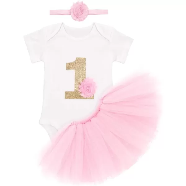 Birthday Outfit Girls Baby Strawberry Heart One Romper  Ruffle Tulle Skirt  Sequins Crown Headband 3PCS Clothes SetPink 1st