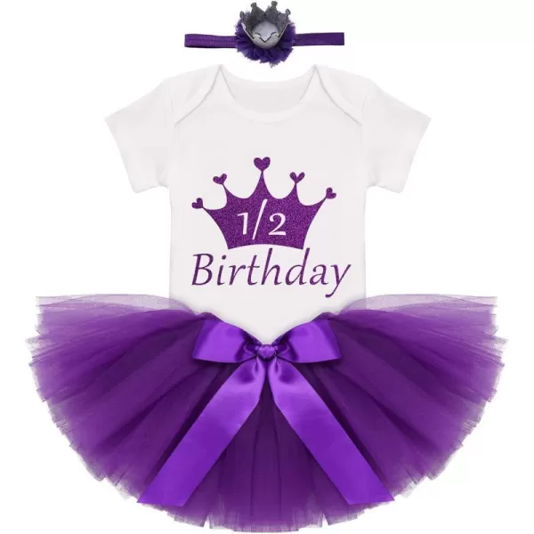 Birthday Outfit Girls Baby Strawberry Heart One Romper  Ruffle Tulle Skirt  Sequins Crown Headband 3PCS Clothes SetPurple 12 Birthday