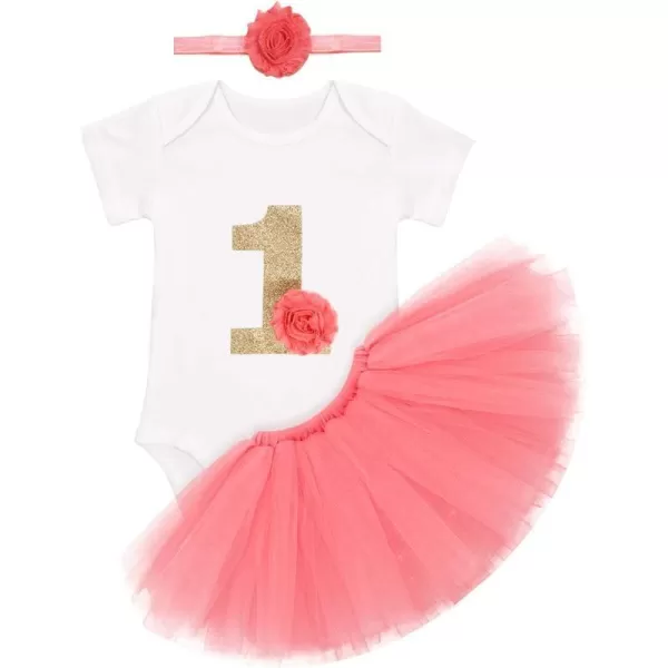 Birthday Outfit Girls Baby Strawberry Heart One Romper  Ruffle Tulle Skirt  Sequins Crown Headband 3PCS Clothes SetWatermelon Red 1st