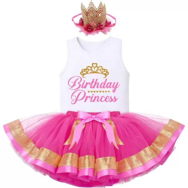 Birthday Princess Girl Outfit Baby Sleeveless TShirt Top Tutu Skirt Headband Clothes Set for Cake Smash Photo ShootHot Pink