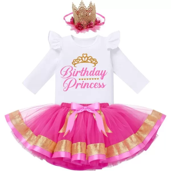 Birthday Princess Girl Outfit Baby Sleeveless TShirt Top Tutu Skirt Headband Clothes Set for Cake Smash Photo ShootHot Pink Long Sleeve