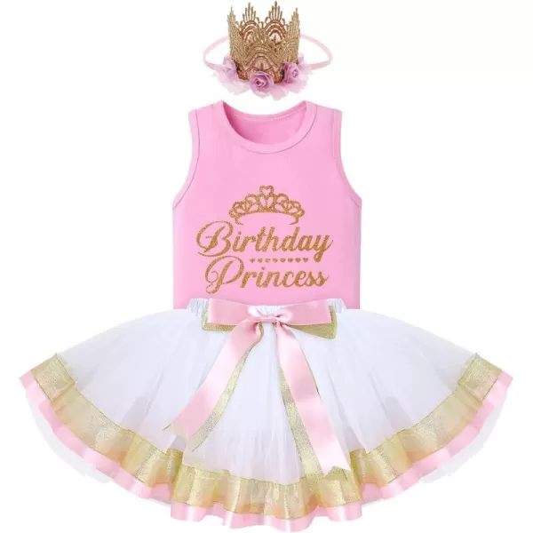 Birthday Princess Girl Outfit Baby Sleeveless TShirt Top Tutu Skirt Headband Clothes Set for Cake Smash Photo ShootPink  White