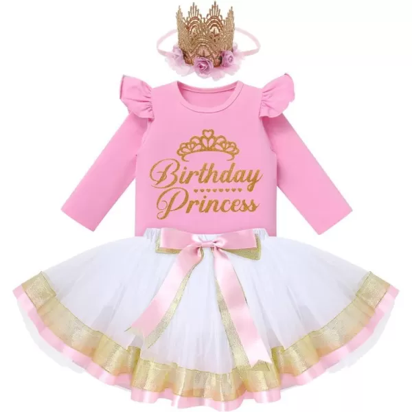 Birthday Princess Girl Outfit Baby Sleeveless TShirt Top Tutu Skirt Headband Clothes Set for Cake Smash Photo ShootPink  White Long Sleeve