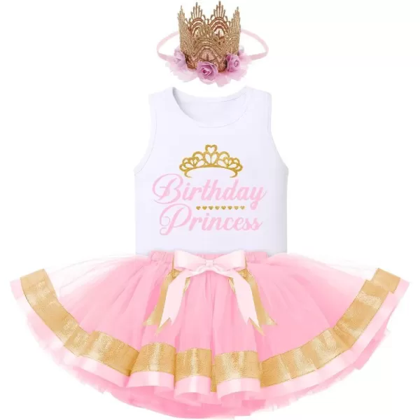 Birthday Princess Girl Outfit Baby Sleeveless TShirt Top Tutu Skirt Headband Clothes Set for Cake Smash Photo ShootPink