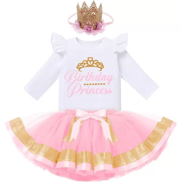 Birthday Princess Girl Outfit Baby Sleeveless TShirt Top Tutu Skirt Headband Clothes Set for Cake Smash Photo ShootPink Long Sleeve