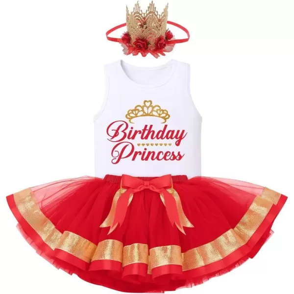 Birthday Princess Girl Outfit Baby Sleeveless TShirt Top Tutu Skirt Headband Clothes Set for Cake Smash Photo ShootRed